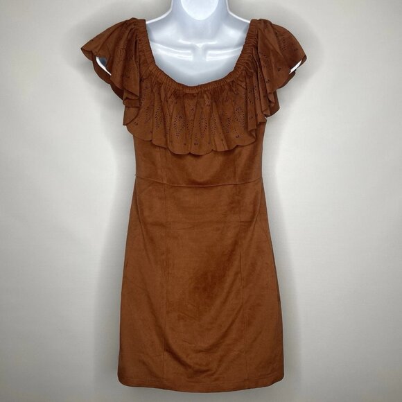 Shyanne Faux Suede Western Mini Dress Size S Chestnut Brown Ruffled Off Shoulder - Picture 5 of 8